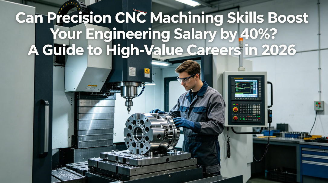 A hyper-realistic photo of a young engineer in a modern CNC workshop inspecting a complex machined metal part in front of a 5-axis machining center, with the article title overlaid.