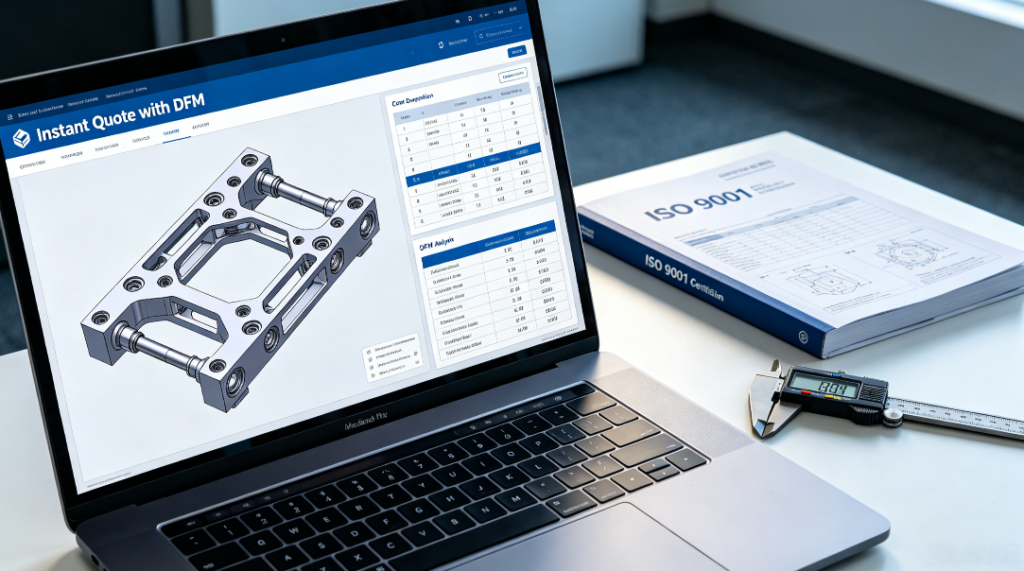 A realistic shot of an engineer's desk showing a laptop screen with an online CNC quoting platform displaying a 3D CAD model, cost breakdown, and DFM analysis, alongside an ISO 9001 handbook and digital caliper.